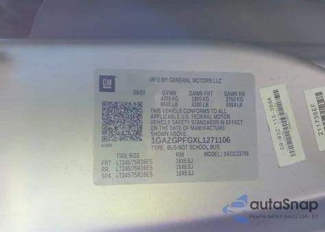 2020 Chevrolet Express Passenger Rwd 3500 Extended Wheelbase Lt z USA, uszkodzony, nr VIN 1GAZGPFGXL1271106